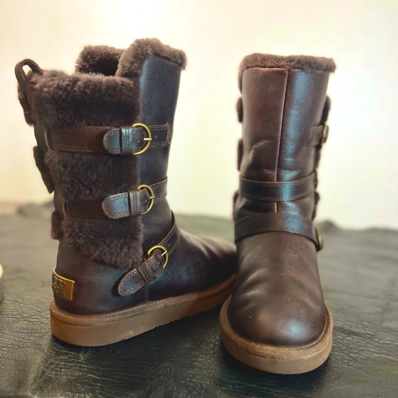 UGG | Women’s Sz 5 Brown Leather UGG Boots | Beckett Shearling Winter Boots New - Picture 4 of 14